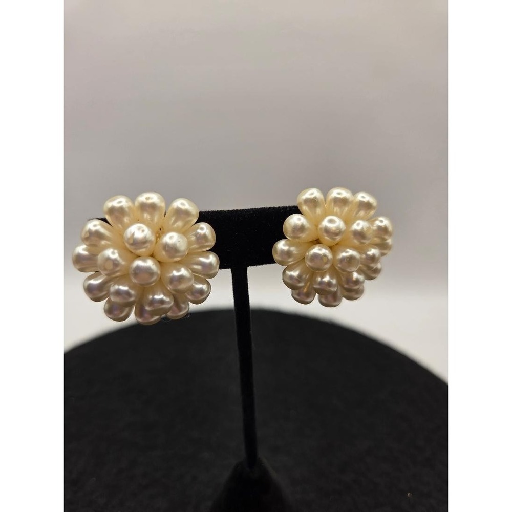 Vintage 1950s Faux Pearl Cluster Clip On Earrings Japan Mid Century Costume